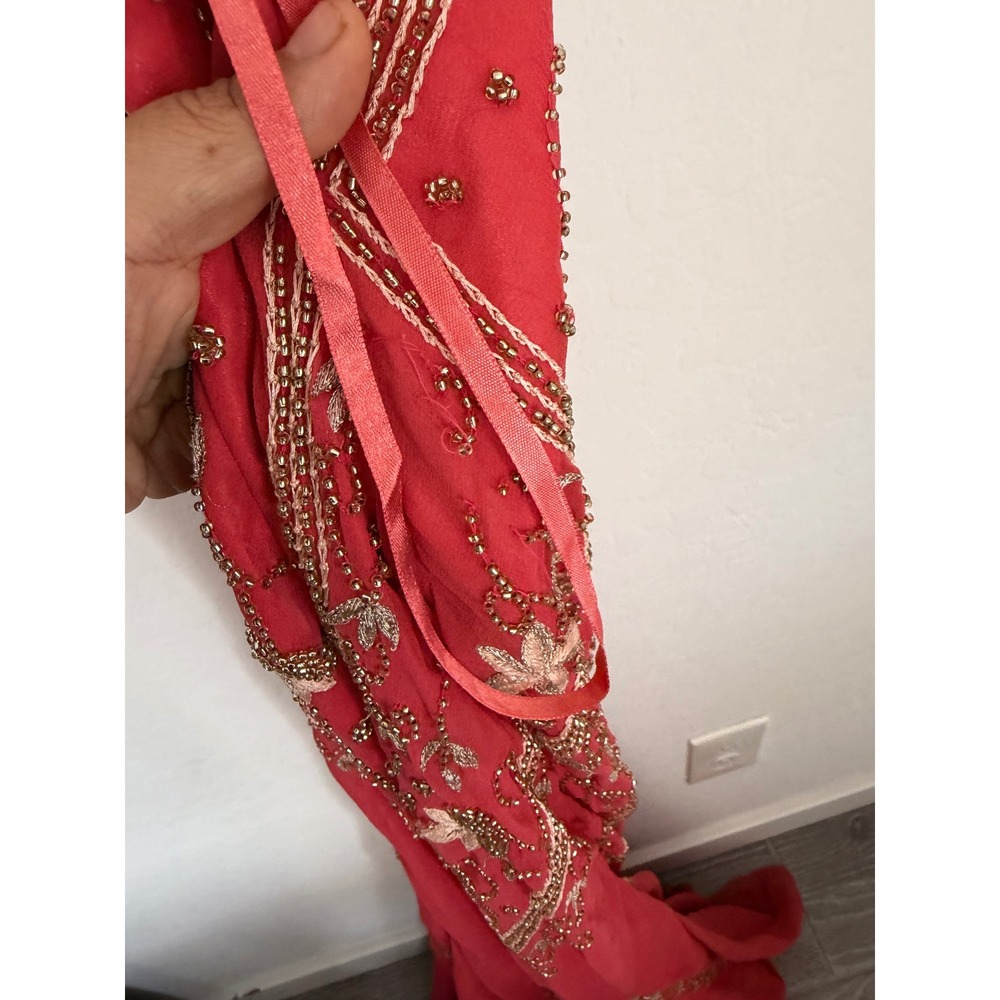 CACHÉ LUXE Coral Beaded Allover Floral Open Back Floor Length Gown Vintage Sz 2 - Picture 7 of 15